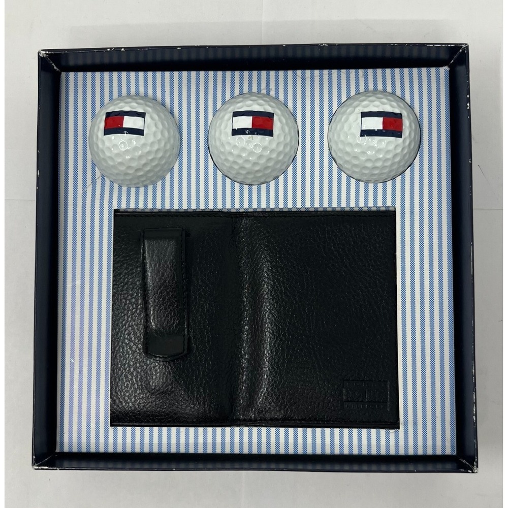 Tommy Hilfiger Gift Box 3 Golf Balls&Leather Card Holder with Logo Black VTG NWT